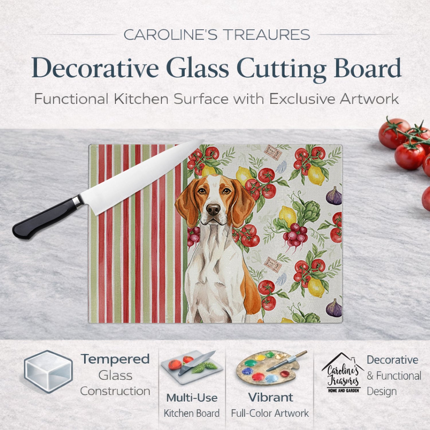 Orange and White Pointer Vegetables Cutting Board Tempered Glass Kitchen Cutting Surface, Heat Resistant Chopping, Non-Slip Feet, Food Prep & Serving