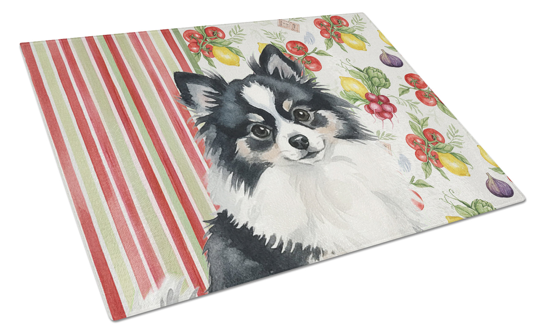 Black and White Pomeranian Vegetables Cutting Board Tempered Glass Kitchen Cutting Surface, Heat Resistant Chopping, Non-Slip Feet, Food Prep & Serving