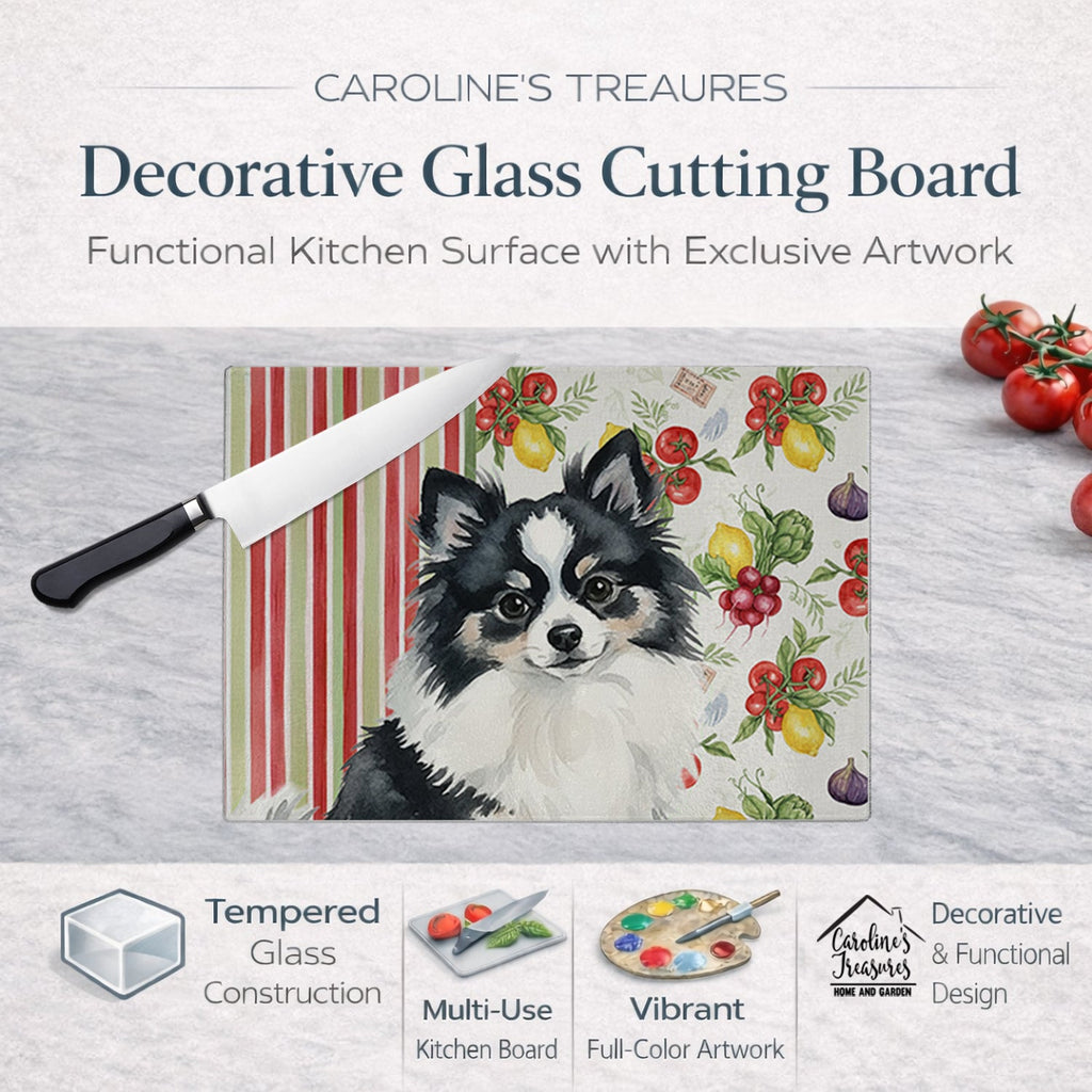 Black and White Pomeranian Vegetables Cutting Board Tempered Glass Kitchen Cutting Surface, Heat Resistant Chopping, Non-Slip Feet, Food Prep & Serving