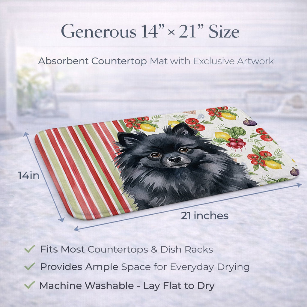 Black Pomeranian Vegetables Dish Drying Mat Absorbent Dish Drying Mat Pad for Kitchen Counter Dish Drainer Mat for Countertop, 14 x 21", Multicolor