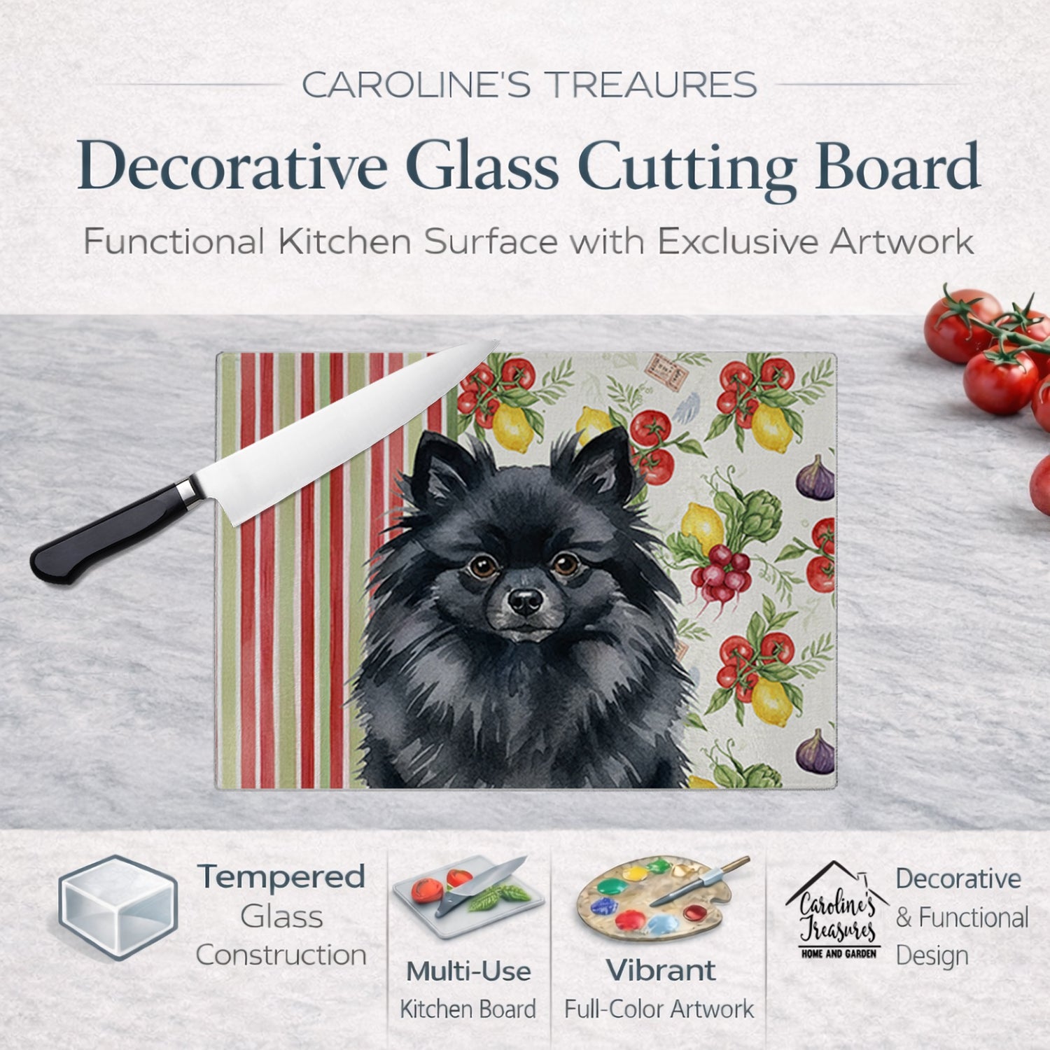 Black Pomeranian Vegetables Cutting Board Tempered Glass Kitchen Cutting Surface, Heat Resistant Chopping, Non-Slip Feet, Food Prep & Serving