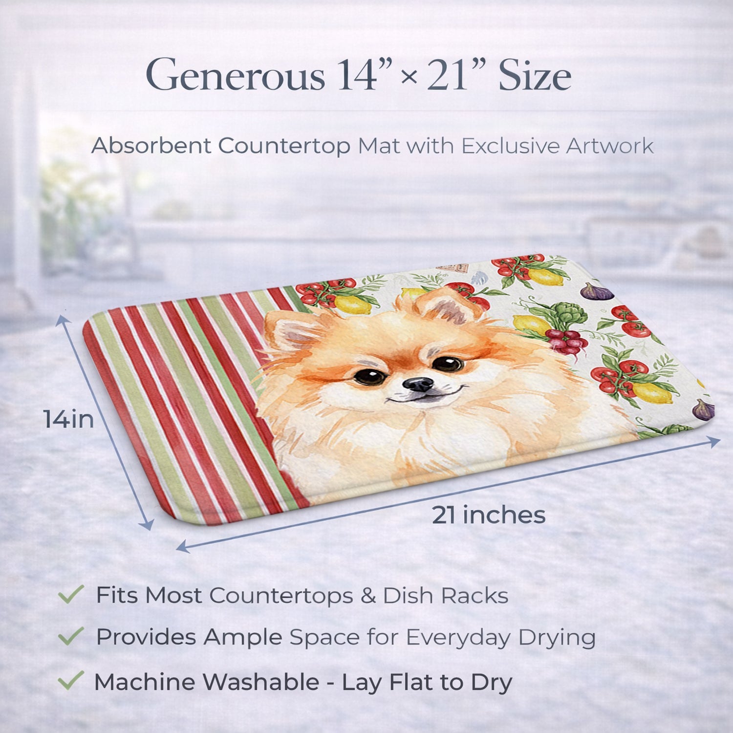 Pomeranian Vegetables Dish Drying Mat Absorbent Dish Drying Mat Pad for Kitchen Counter Dish Drainer Mat for Countertop, 14 x 21", Multicolor