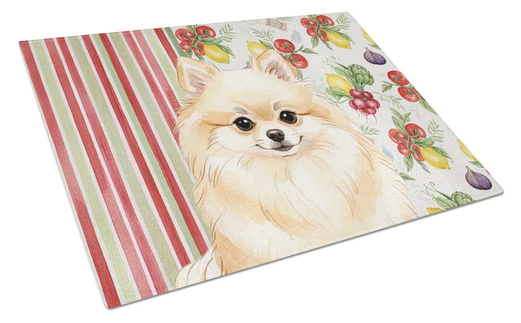 Cream Pomeranian Vegetables Cutting Board Tempered Glass Kitchen Cutting Surface, Heat Resistant Chopping, Non-Slip Feet, Food Prep & Serving