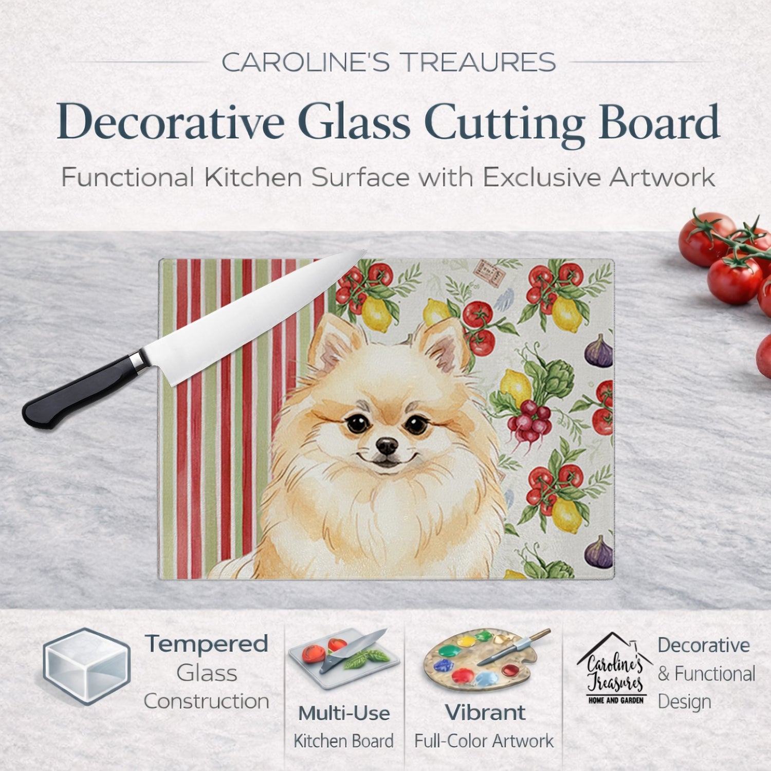 Cream Pomeranian Vegetables Cutting Board Tempered Glass Kitchen Cutting Surface, Heat Resistant Chopping, Non-Slip Feet, Food Prep & Serving