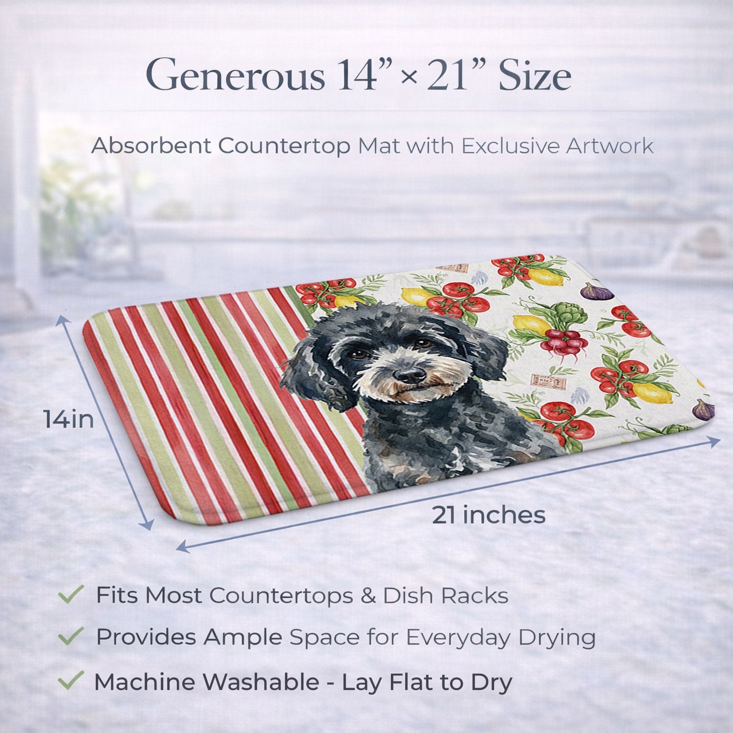 Miniature Black Poodle Vegetables Dish Drying Mat Absorbent Dish Drying Mat Pad for Kitchen Counter Dish Drainer Mat for Countertop, 14 x 21", Multicolor