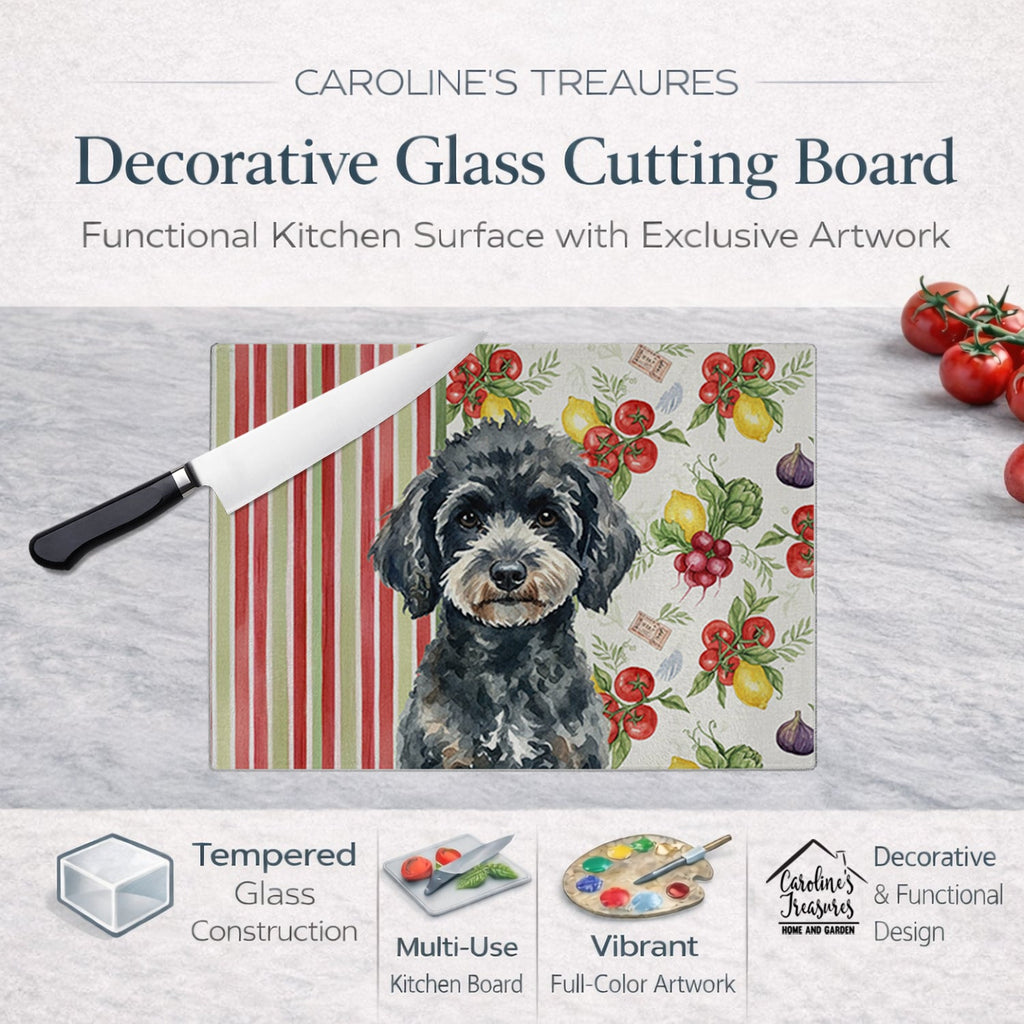Miniature Black Poodle Vegetables Cutting Board Tempered Glass Kitchen Cutting Surface, Heat Resistant Chopping, Non-Slip Feet, Food Prep & Serving
