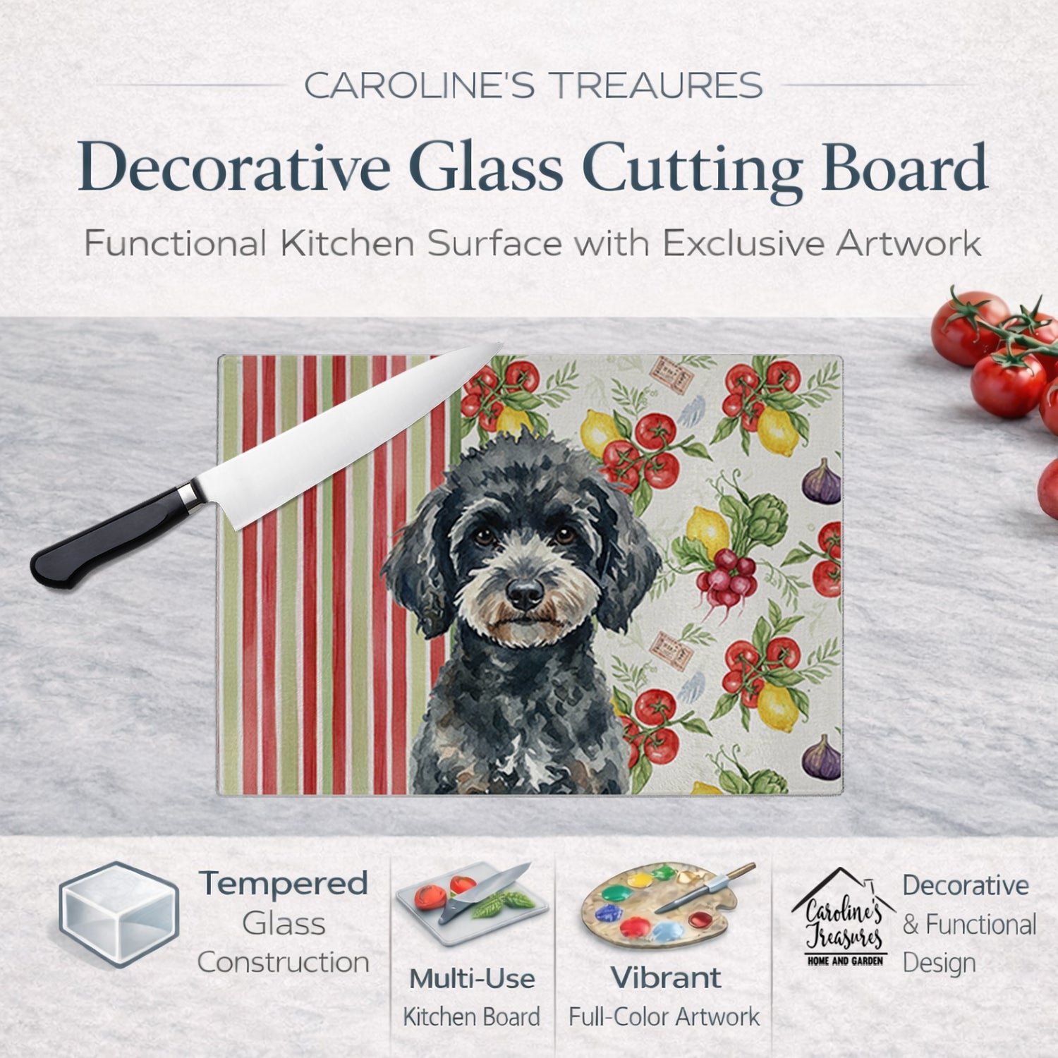 Miniature Black Poodle Vegetables Cutting Board Tempered Glass Kitchen Cutting Surface, Heat Resistant Chopping, Non-Slip Feet, Food Prep & Serving
