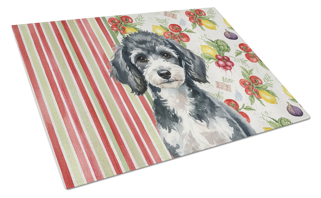 Miniature Parti Poodle Vegetables Cutting Board Tempered Glass Kitchen Cutting Surface, Heat Resistant Chopping, Non-Slip Feet, Food Prep & Serving