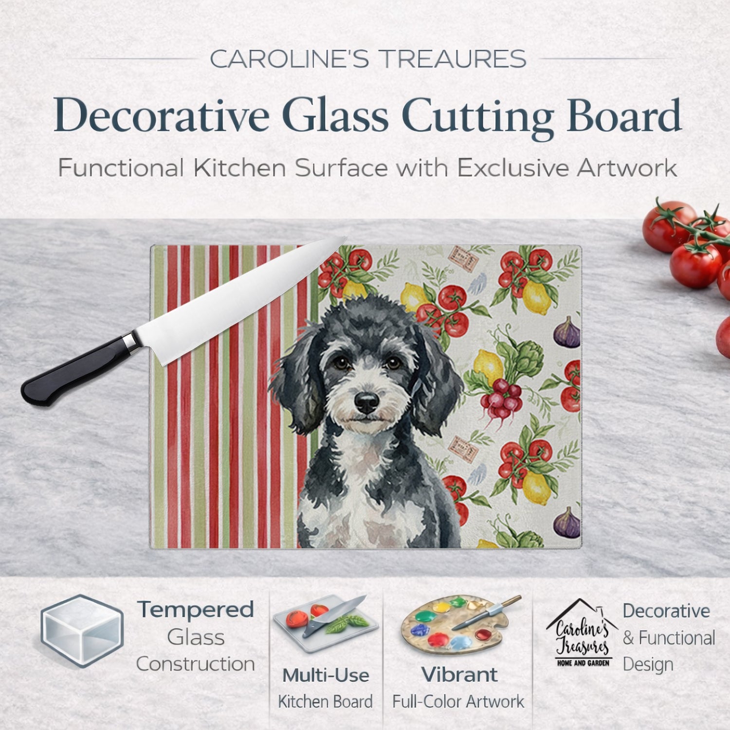 Miniature Parti Poodle Vegetables Cutting Board Tempered Glass Kitchen Cutting Surface, Heat Resistant Chopping, Non-Slip Feet, Food Prep & Serving