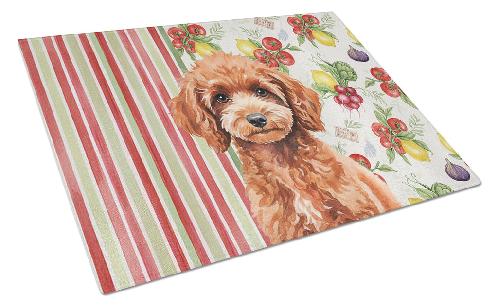 Miniature Red Poodle Vegetables Cutting Board Tempered Glass Kitchen Cutting Surface, Heat Resistant Chopping, Non-Slip Feet, Food Prep & Serving
