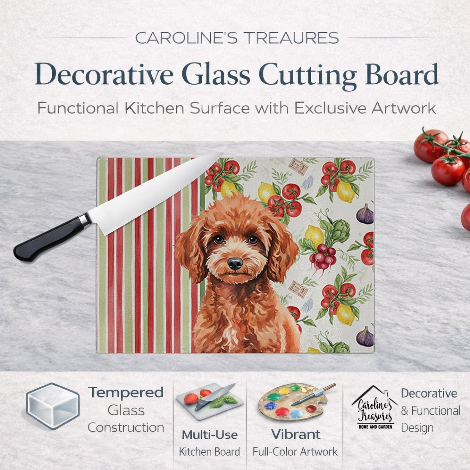 Miniature Red Poodle Vegetables Cutting Board Tempered Glass Kitchen Cutting Surface, Heat Resistant Chopping, Non-Slip Feet, Food Prep & Serving
