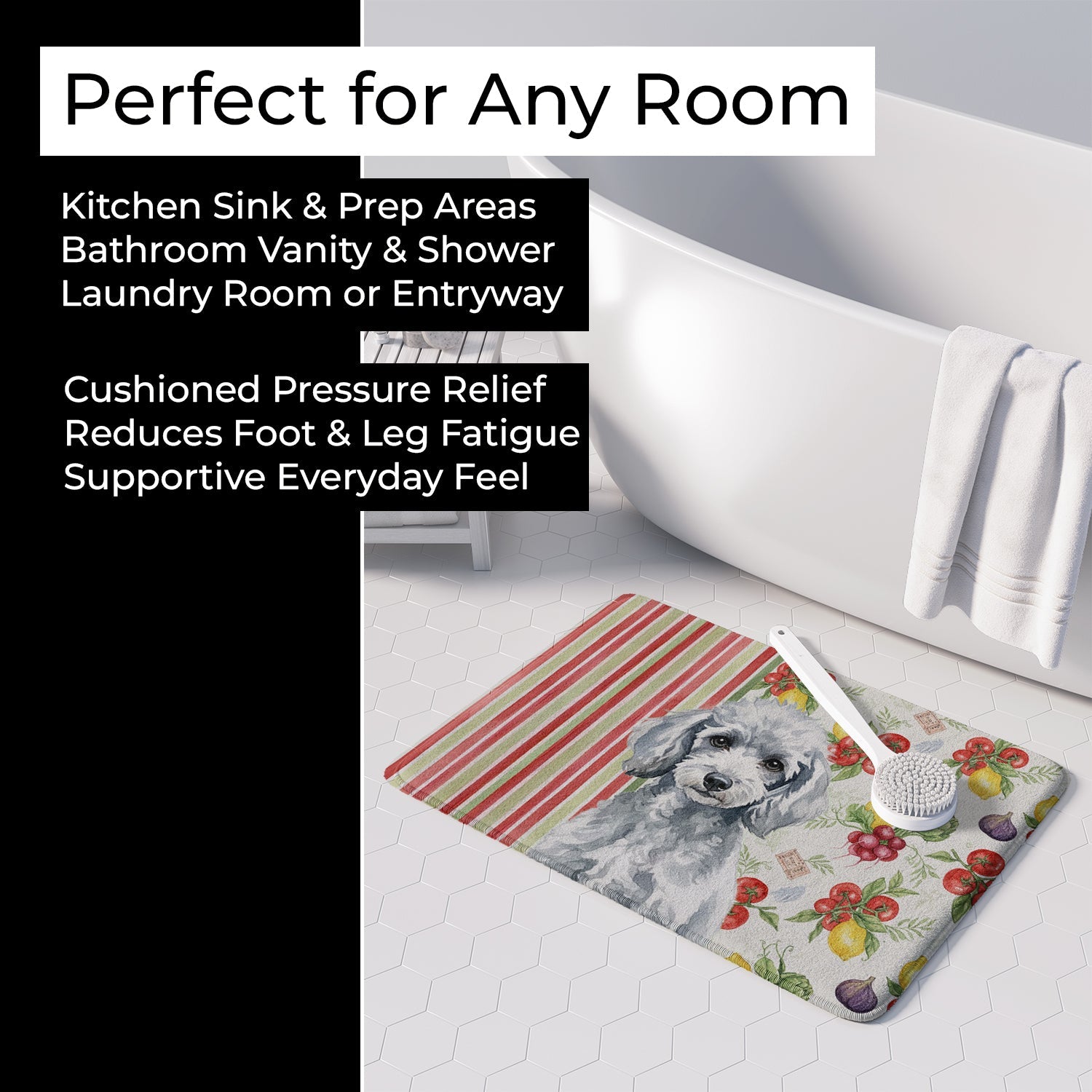 Miniature Silver Poodle Vegetables Memory Foam Kitchen Mat Machine Washable Anti-Fatigue Cushion Comfort Bath or Kitchen Rug