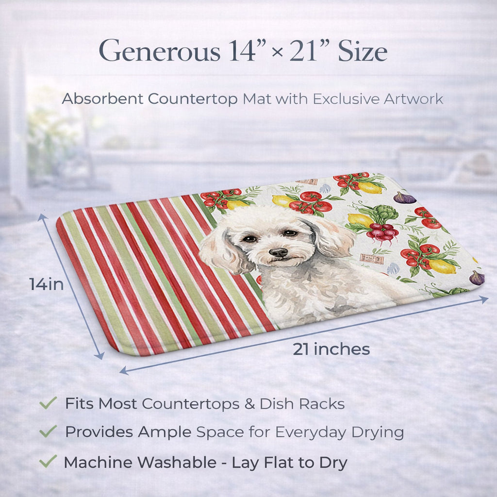 Miniature White Poodle Vegetables Dish Drying Mat Absorbent Dish Drying Mat Pad for Kitchen Counter Dish Drainer Mat for Countertop, 14 x 21", Multicolor