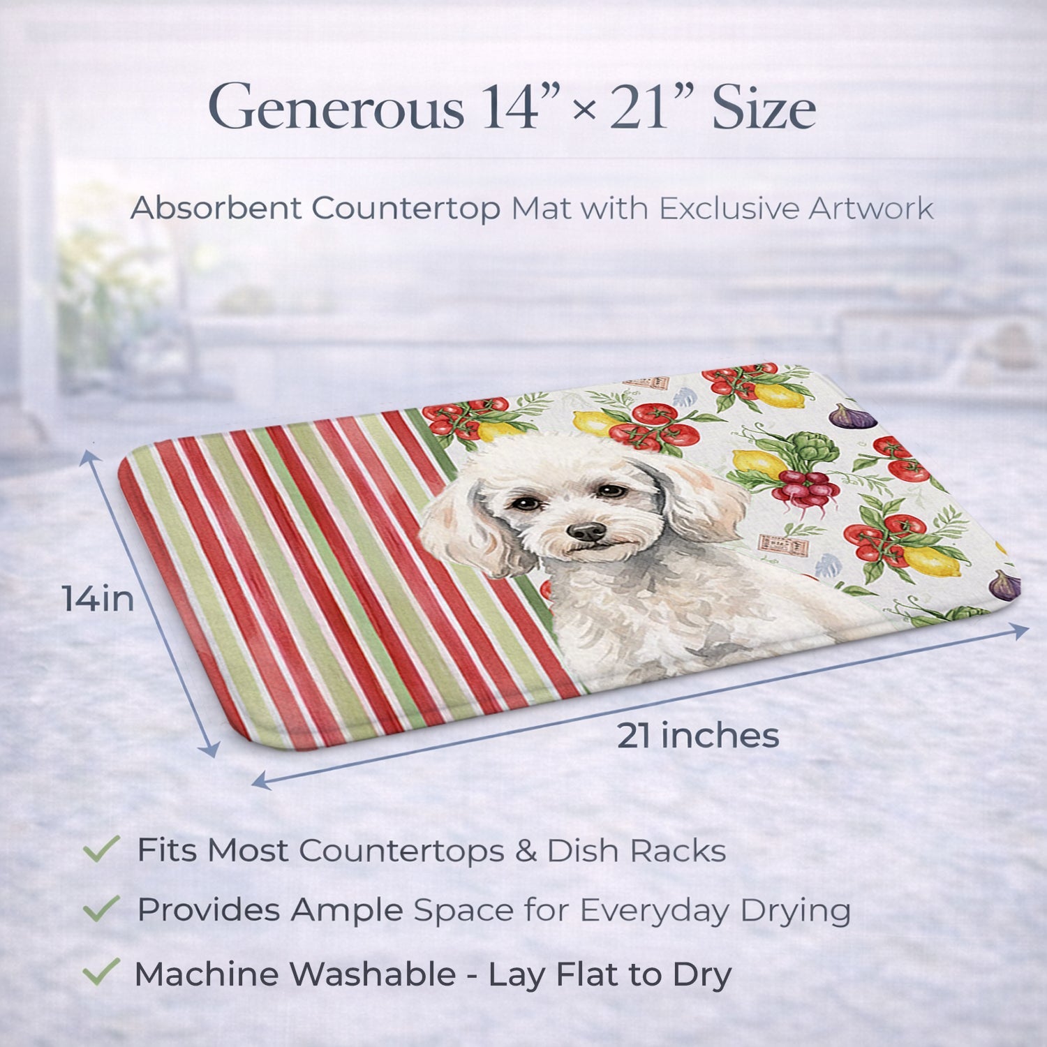 Miniature White Poodle Vegetables Dish Drying Mat Absorbent Dish Drying Mat Pad for Kitchen Counter Dish Drainer Mat for Countertop, 14 x 21", Multicolor