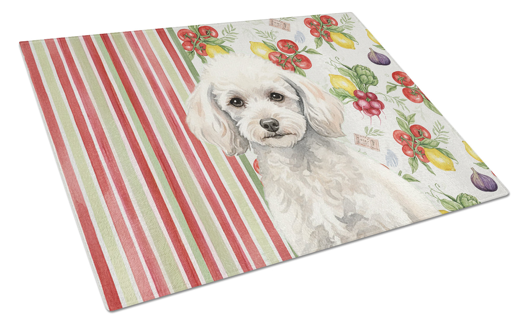 Miniature White Poodle Vegetables Cutting Board Tempered Glass Kitchen Cutting Surface, Heat Resistant Chopping, Non-Slip Feet, Food Prep & Serving