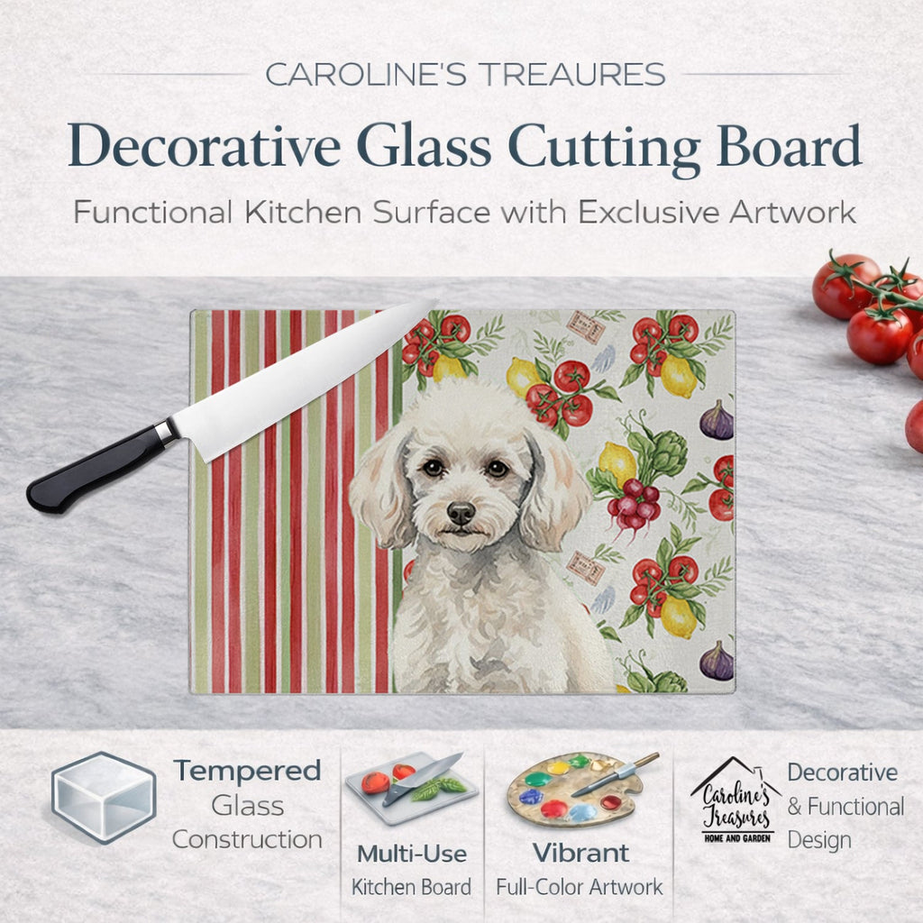 Miniature White Poodle Vegetables Cutting Board Tempered Glass Kitchen Cutting Surface, Heat Resistant Chopping, Non-Slip Feet, Food Prep & Serving