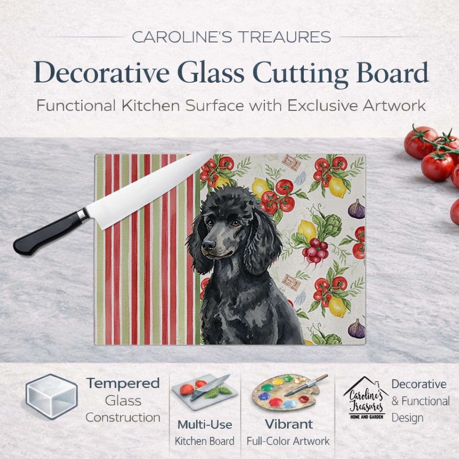 Standard Black Poodle Vegetables Cutting Board Tempered Glass Kitchen Cutting Surface, Heat Resistant Chopping, Non-Slip Feet, Food Prep & Serving