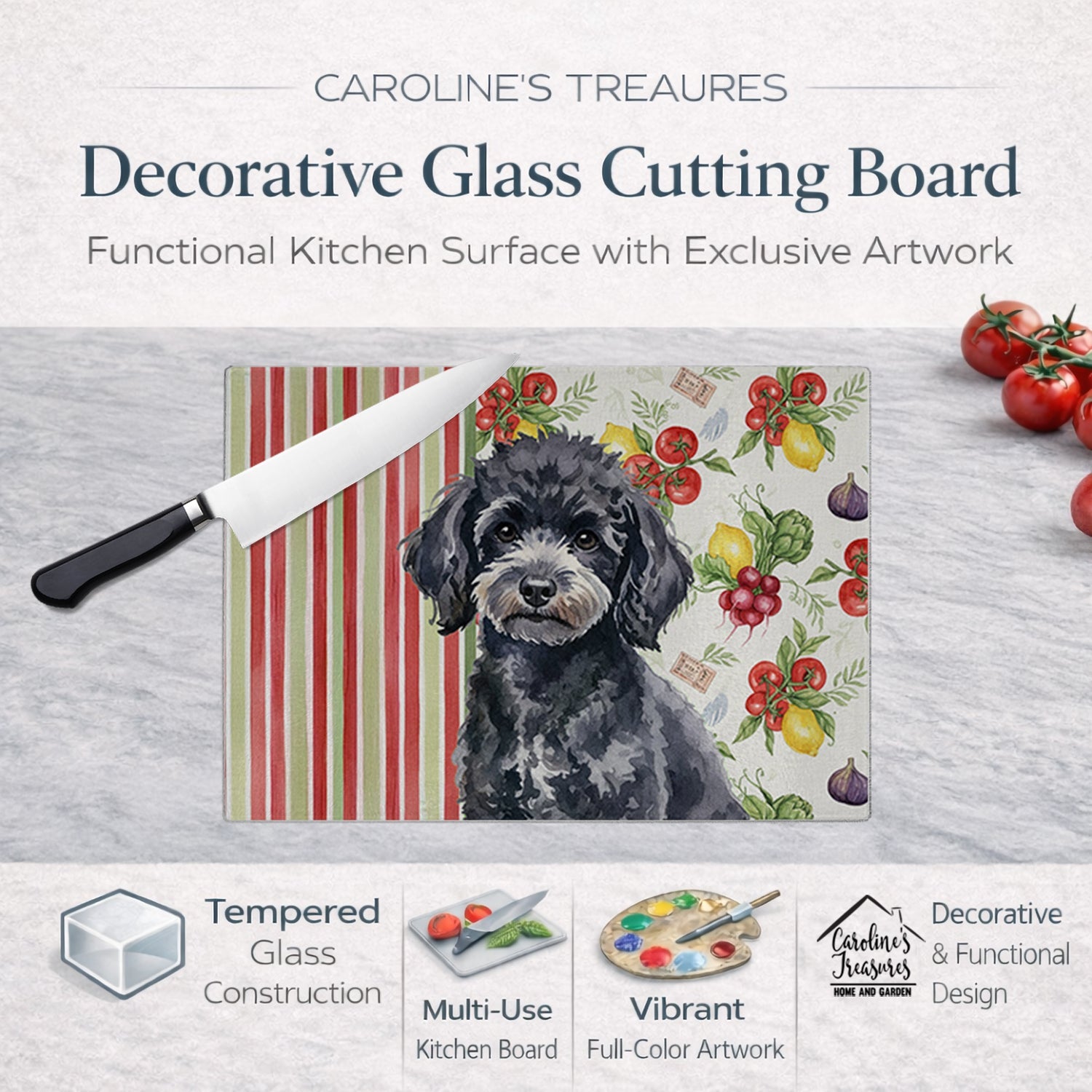 Toy Black Poodle Vegetables Cutting Board Tempered Glass Kitchen Cutting Surface, Heat Resistant Chopping, Non-Slip Feet, Food Prep & Serving