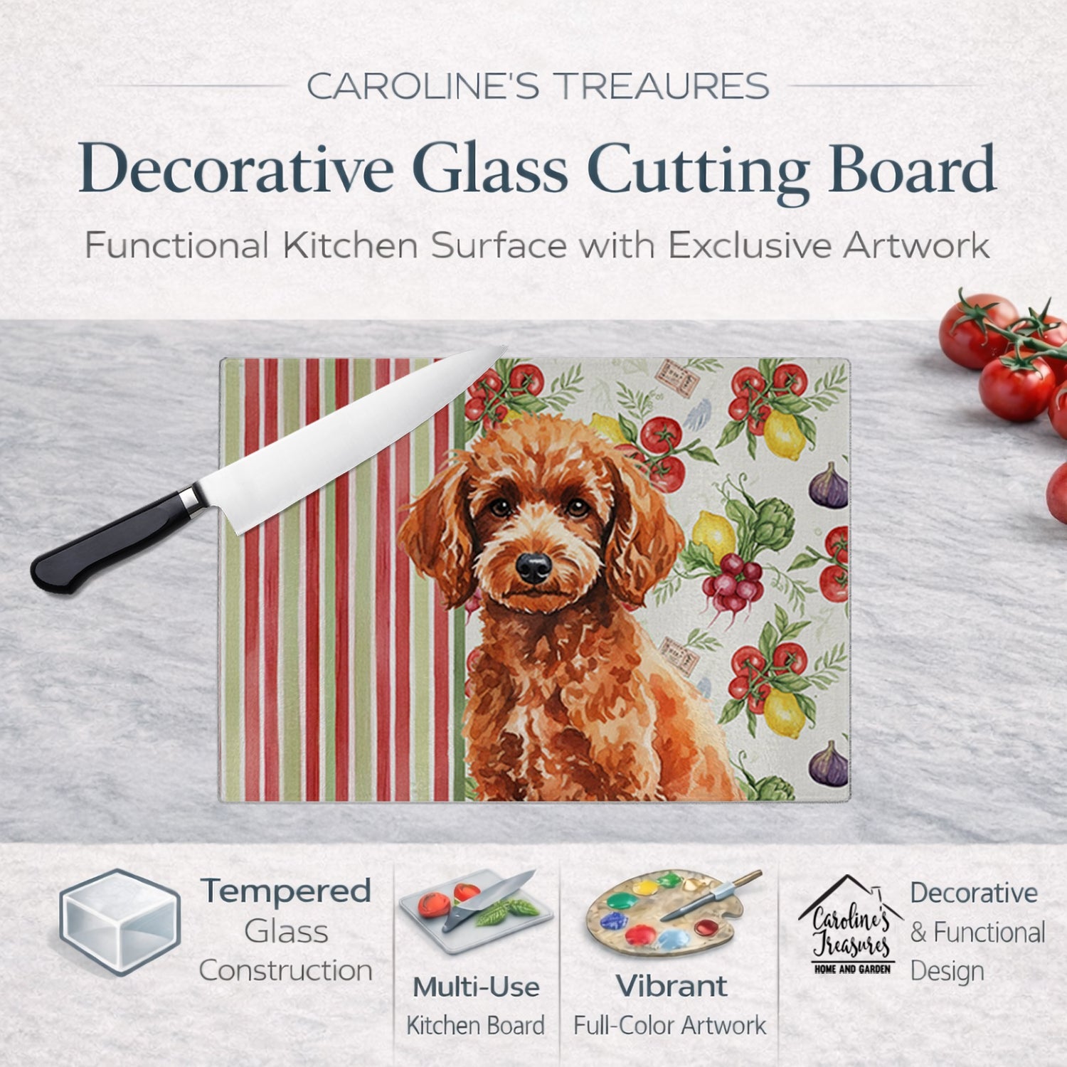 Toy Red Poodle Vegetables Cutting Board Tempered Glass Kitchen Cutting Surface, Heat Resistant Chopping, Non-Slip Feet, Food Prep & Serving