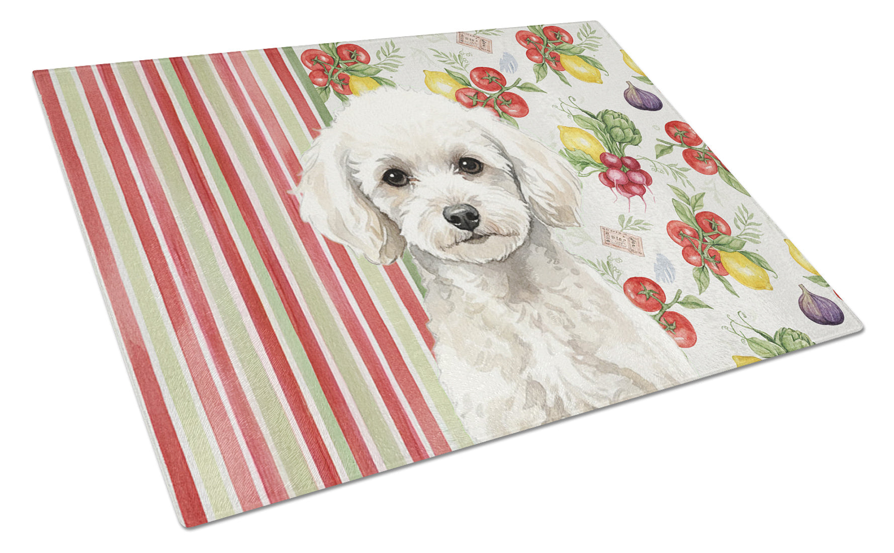 Toy White Poodle Vegetables Cutting Board Tempered Glass Kitchen Cutting Surface, Heat Resistant Chopping, Non-Slip Feet, Food Prep & Serving