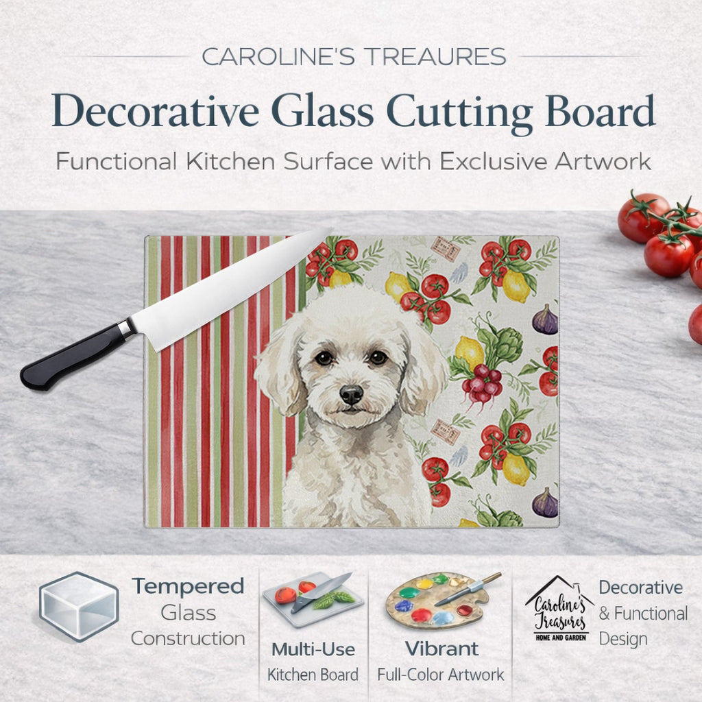 Toy White Poodle Vegetables Cutting Board Tempered Glass Kitchen Cutting Surface, Heat Resistant Chopping, Non-Slip Feet, Food Prep & Serving