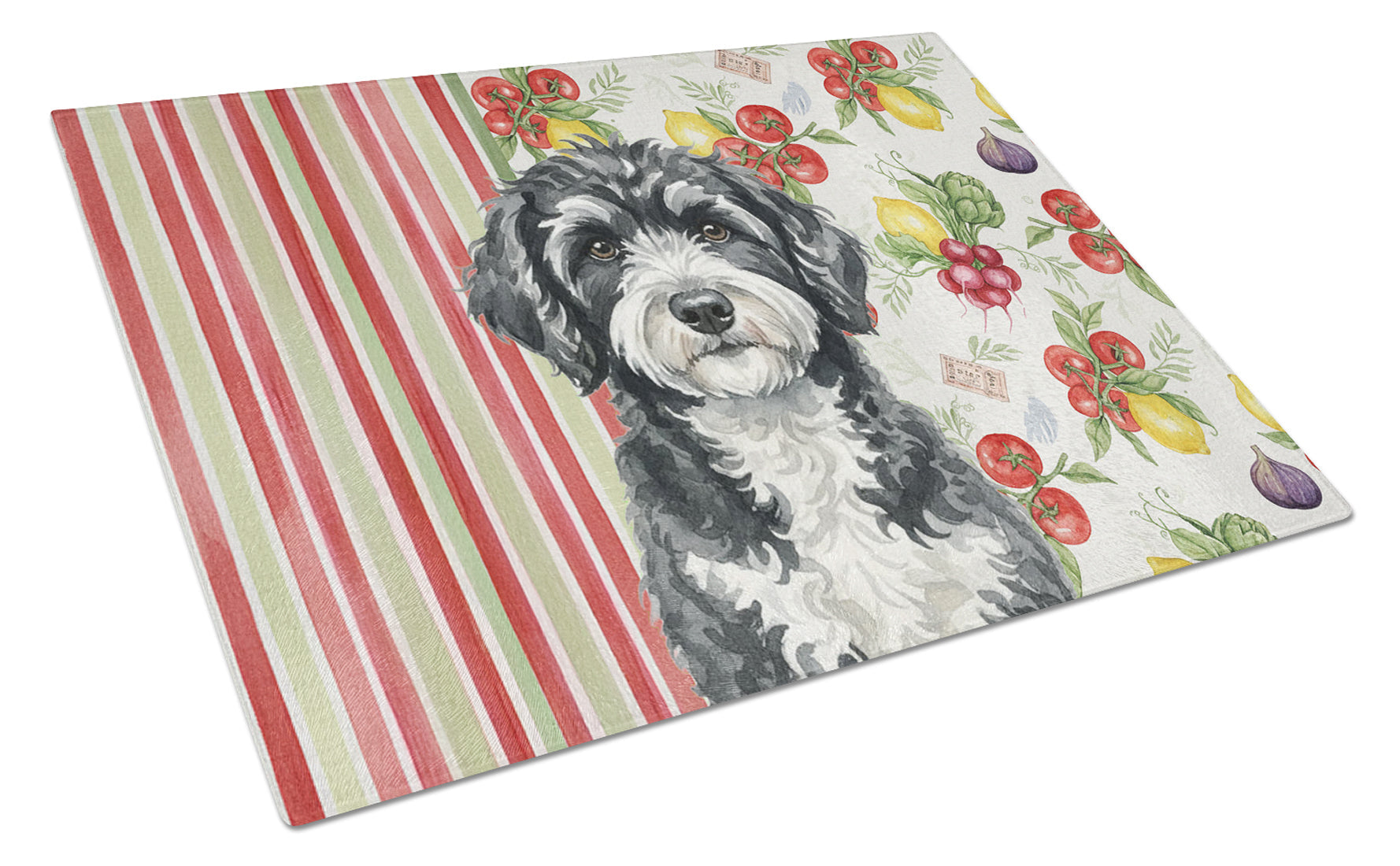 Portuguese Water Dog Vegetables Cutting Board Tempered Glass Kitchen Cutting Surface, Heat Resistant Chopping, Non-Slip Feet, Food Prep & Serving
