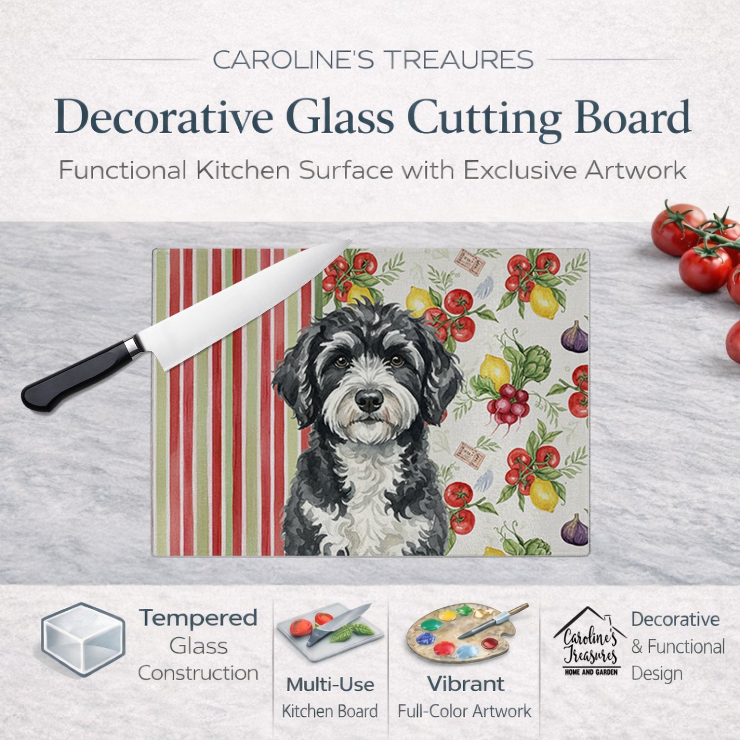 Portuguese Water Dog Vegetables Cutting Board Tempered Glass Kitchen Cutting Surface, Heat Resistant Chopping, Non-Slip Feet, Food Prep & Serving