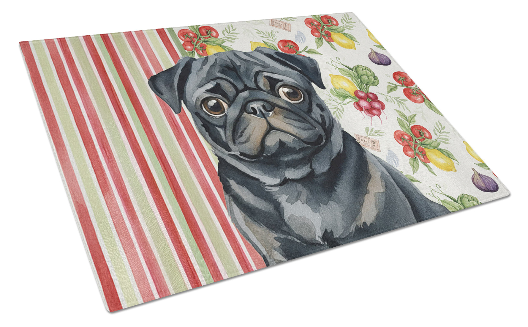 Black Pug Vegetables Cutting Board Tempered Glass Kitchen Cutting Surface, Heat Resistant Chopping, Non-Slip Feet, Food Prep & Serving
