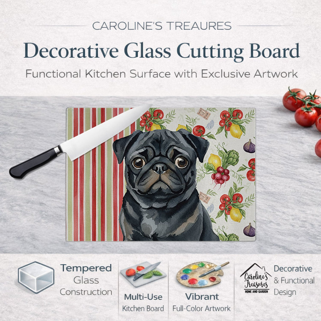 Black Pug Vegetables Cutting Board Tempered Glass Kitchen Cutting Surface, Heat Resistant Chopping, Non-Slip Feet, Food Prep & Serving