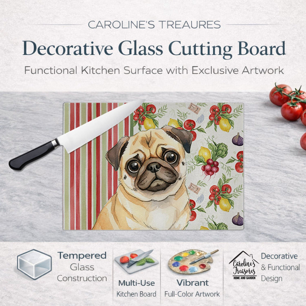 Fawn Pug Vegetables Cutting Board Tempered Glass Kitchen Cutting Surface, Heat Resistant Chopping, Non-Slip Feet, Food Prep & Serving