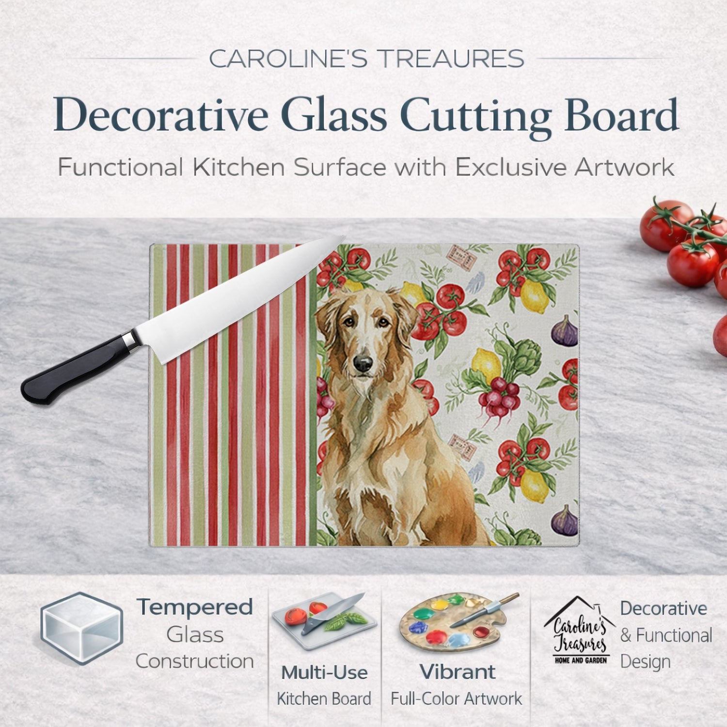 Wheaten Scottish Deerhound Vegetables Cutting Board Tempered Glass Kitchen Cutting Surface, Heat Resistant Chopping, Non-Slip Feet, Food Prep & Serving