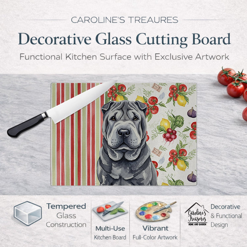 Black Shar Pei Vegetables Cutting Board Tempered Glass Kitchen Cutting Surface, Heat Resistant Chopping, Non-Slip Feet, Food Prep & Serving