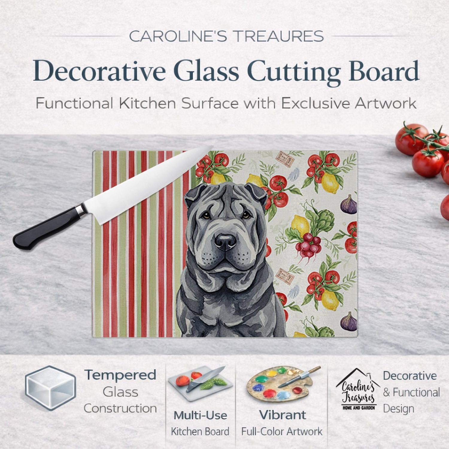 Black Shar Pei Vegetables Cutting Board Tempered Glass Kitchen Cutting Surface, Heat Resistant Chopping, Non-Slip Feet, Food Prep & Serving