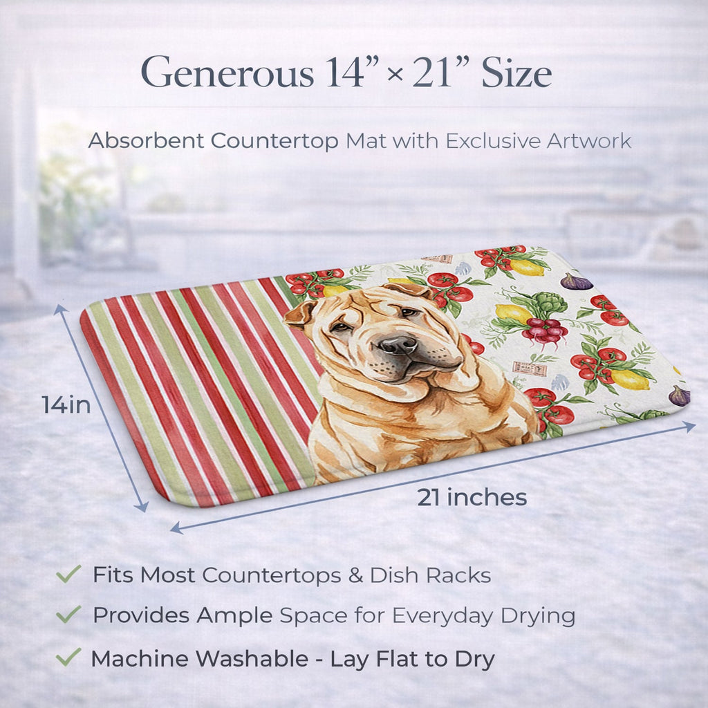 Red Shar Pei Vegetables Dish Drying Mat Absorbent Dish Drying Mat Pad for Kitchen Counter Dish Drainer Mat for Countertop, 14 x 21", Multicolor