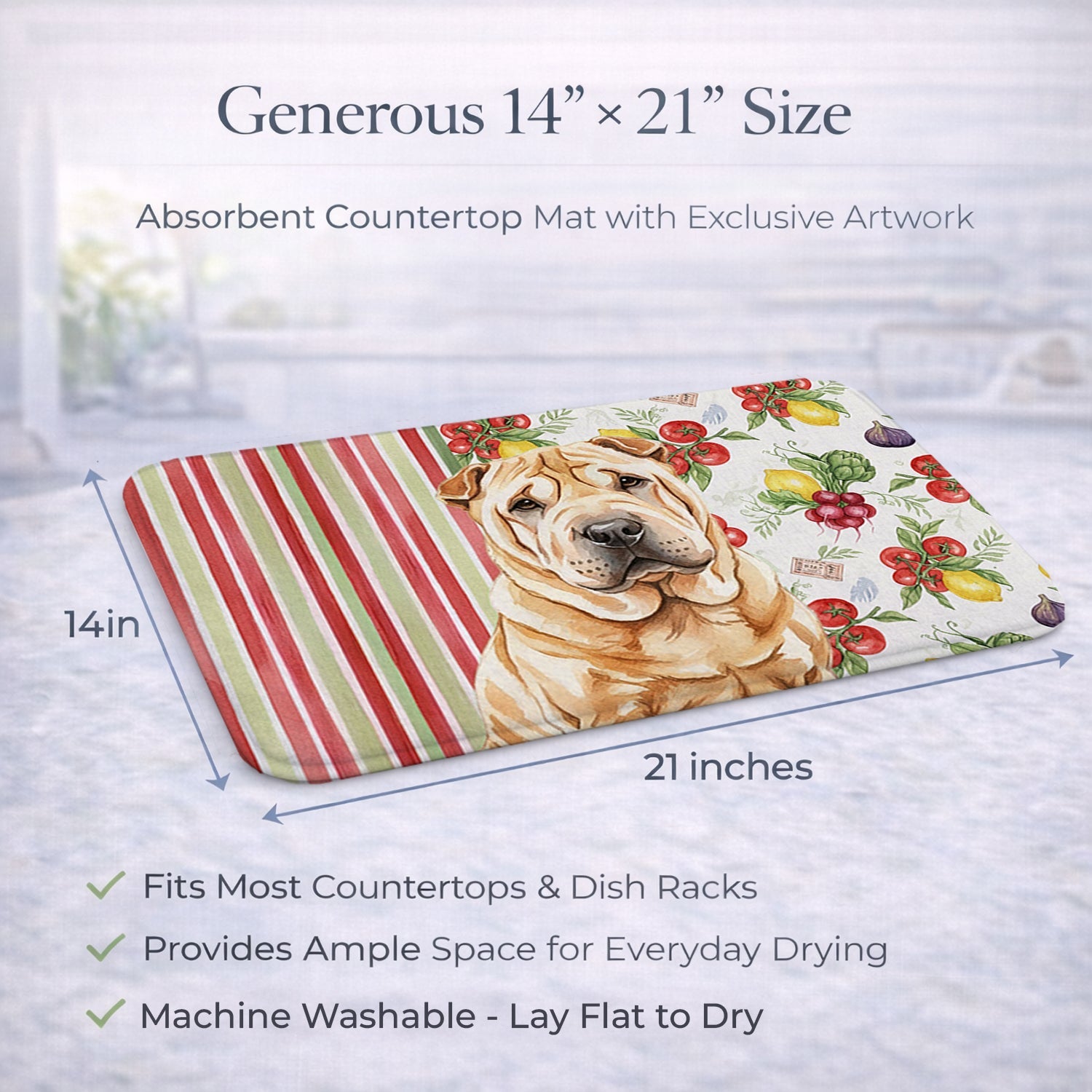Red Shar Pei Vegetables Dish Drying Mat Absorbent Dish Drying Mat Pad for Kitchen Counter Dish Drainer Mat for Countertop, 14 x 21", Multicolor