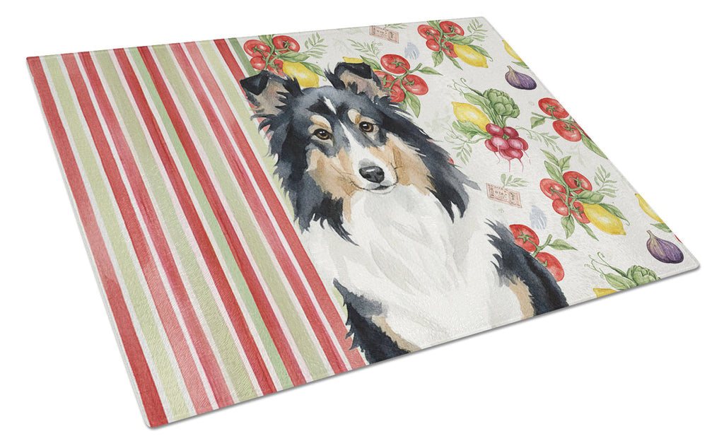 Tricolor Sheltie Vegetables Cutting Board Tempered Glass Kitchen Cutting Surface, Heat Resistant Chopping, Non-Slip Feet, Food Prep & Serving