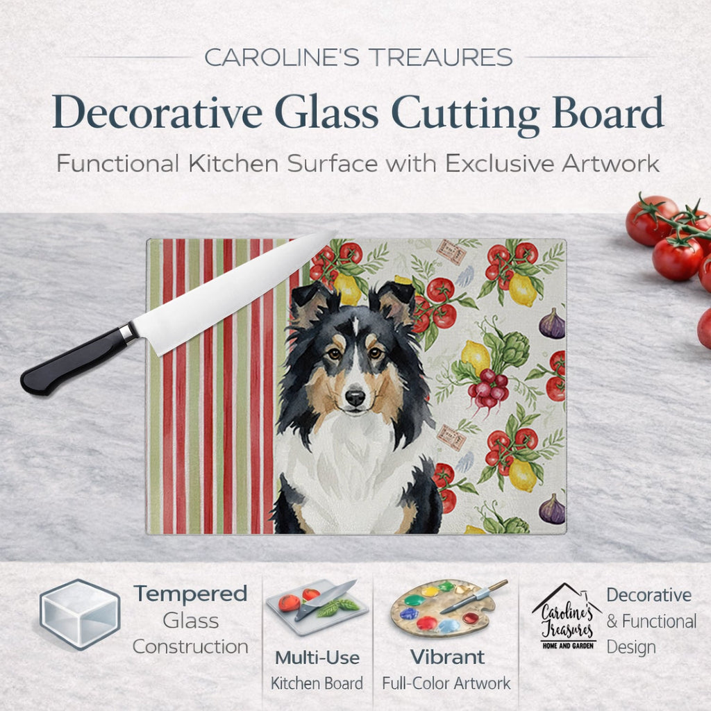 Tricolor Sheltie Vegetables Cutting Board Tempered Glass Kitchen Cutting Surface, Heat Resistant Chopping, Non-Slip Feet, Food Prep & Serving