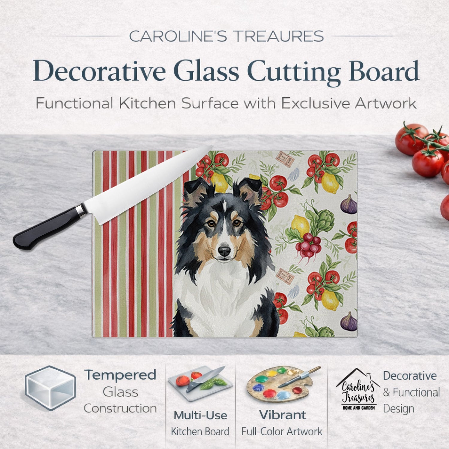 Tricolor Sheltie Vegetables Cutting Board Tempered Glass Kitchen Cutting Surface, Heat Resistant Chopping, Non-Slip Feet, Food Prep & Serving
