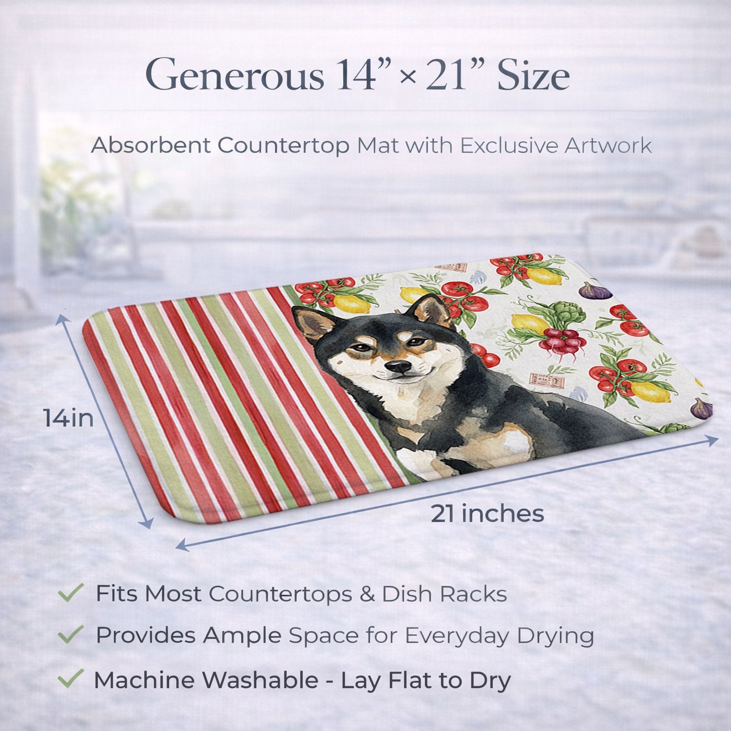 Black and Tan Shiba Inu Vegetables Dish Drying Mat Absorbent Dish Drying Mat Pad for Kitchen Counter Dish Drainer Mat for Countertop, 14 x 21", Multicolor