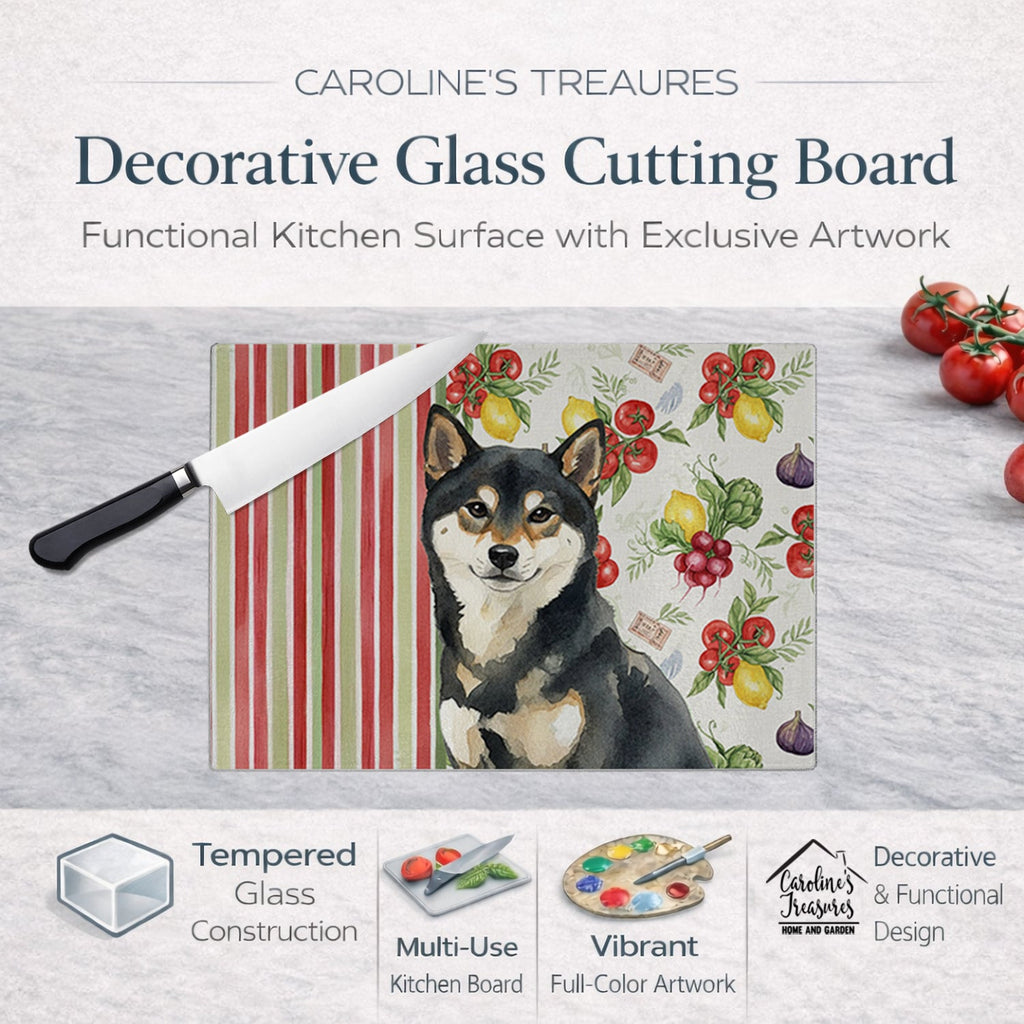Black and Tan Shiba Inu Vegetables Cutting Board Tempered Glass Kitchen Cutting Surface, Heat Resistant Chopping, Non-Slip Feet, Food Prep & Serving