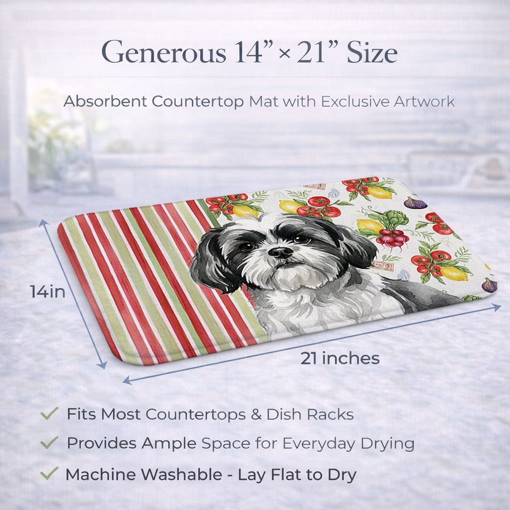 Black and White Shih Tzu Vegetables Dish Drying Mat Absorbent Dish Drying Mat Pad for Kitchen Counter Dish Drainer Mat for Countertop, 14 x 21", Multicolor