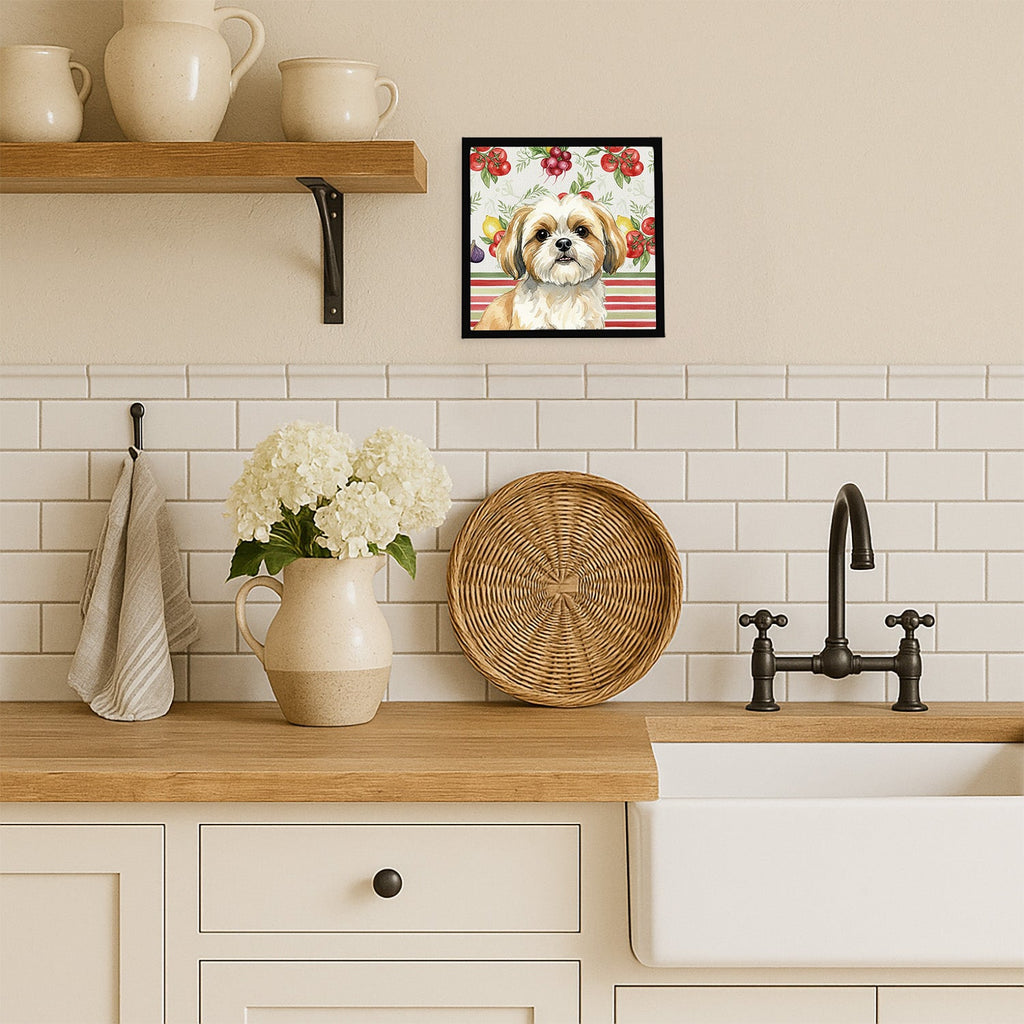 Gold and White Shih Tzu Vegetables Framed Metal Print Bathroom, Kitchen, Office, Home Decor Wall Art Ready to Hang, Square, 8X8