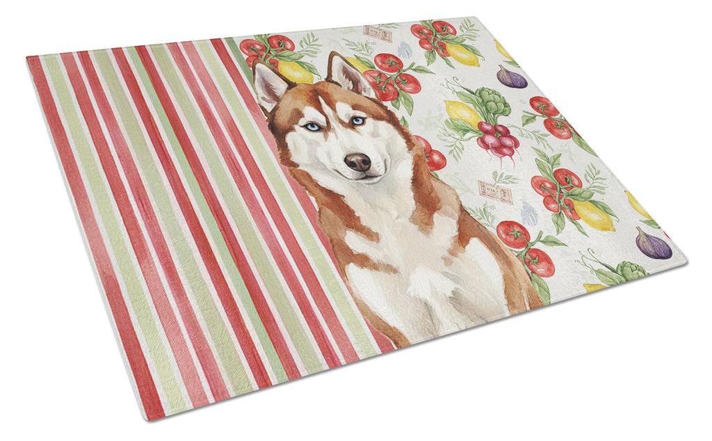 Red and White Siberian Husky Vegetables Cutting Board Tempered Glass Kitchen Cutting Surface, Heat Resistant Chopping, Non-Slip Feet, Food Prep & Serving