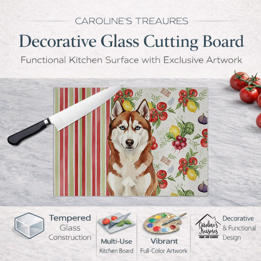 Red and White Siberian Husky Vegetables Cutting Board Tempered Glass Kitchen Cutting Surface, Heat Resistant Chopping, Non-Slip Feet, Food Prep & Serving