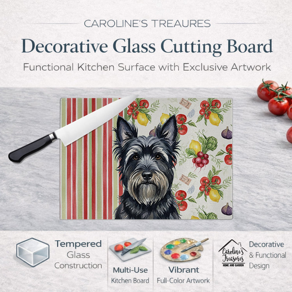 Black Skye Terrier Vegetables Cutting Board Tempered Glass Kitchen Cutting Surface, Heat Resistant Chopping, Non-Slip Feet, Food Prep & Serving