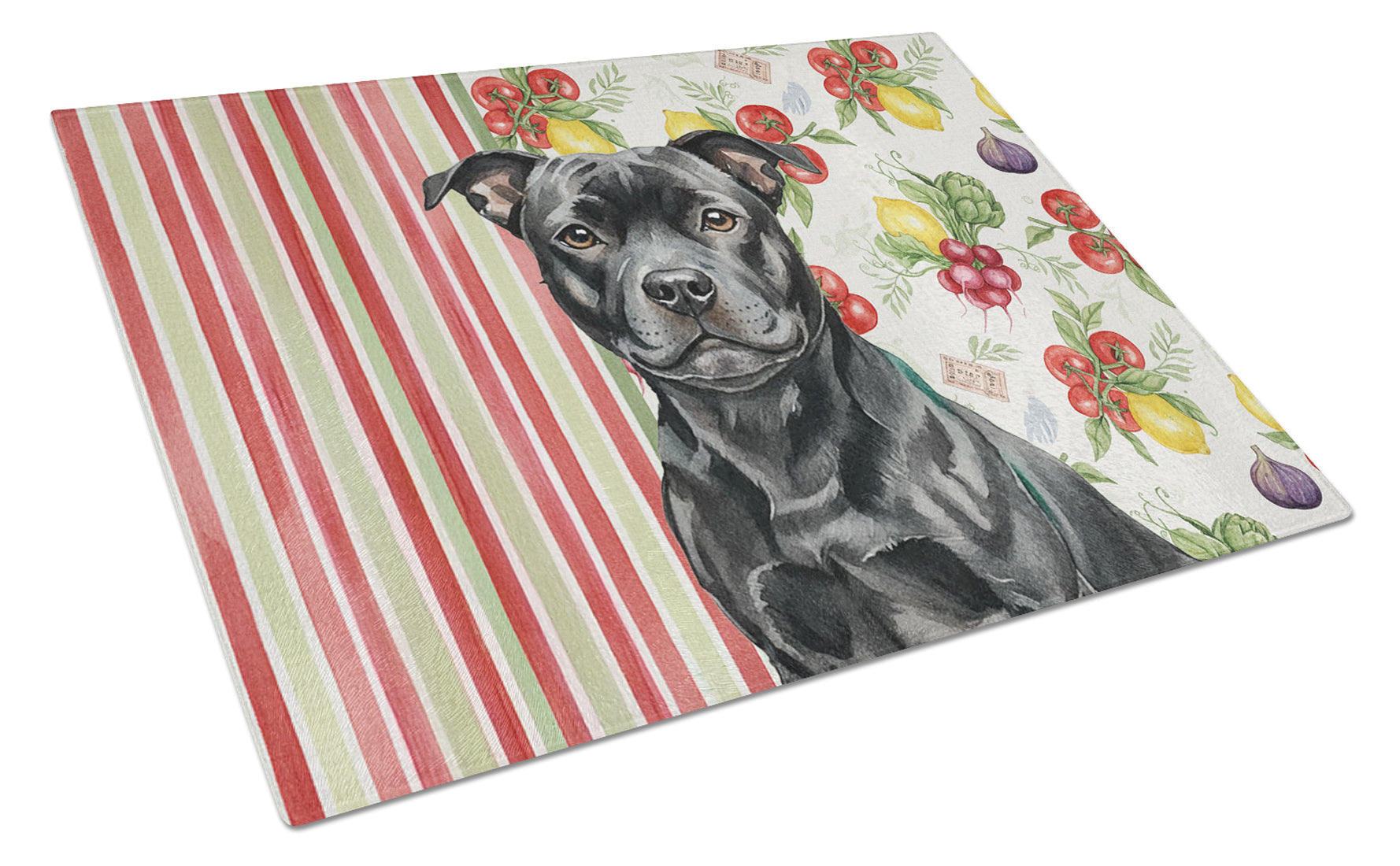 Black Staffordshire Bull Terrier Vegetables Cutting Board Tempered Glass Kitchen Cutting Surface, Heat Resistant Chopping, Non-Slip Feet, Food Prep & Serving