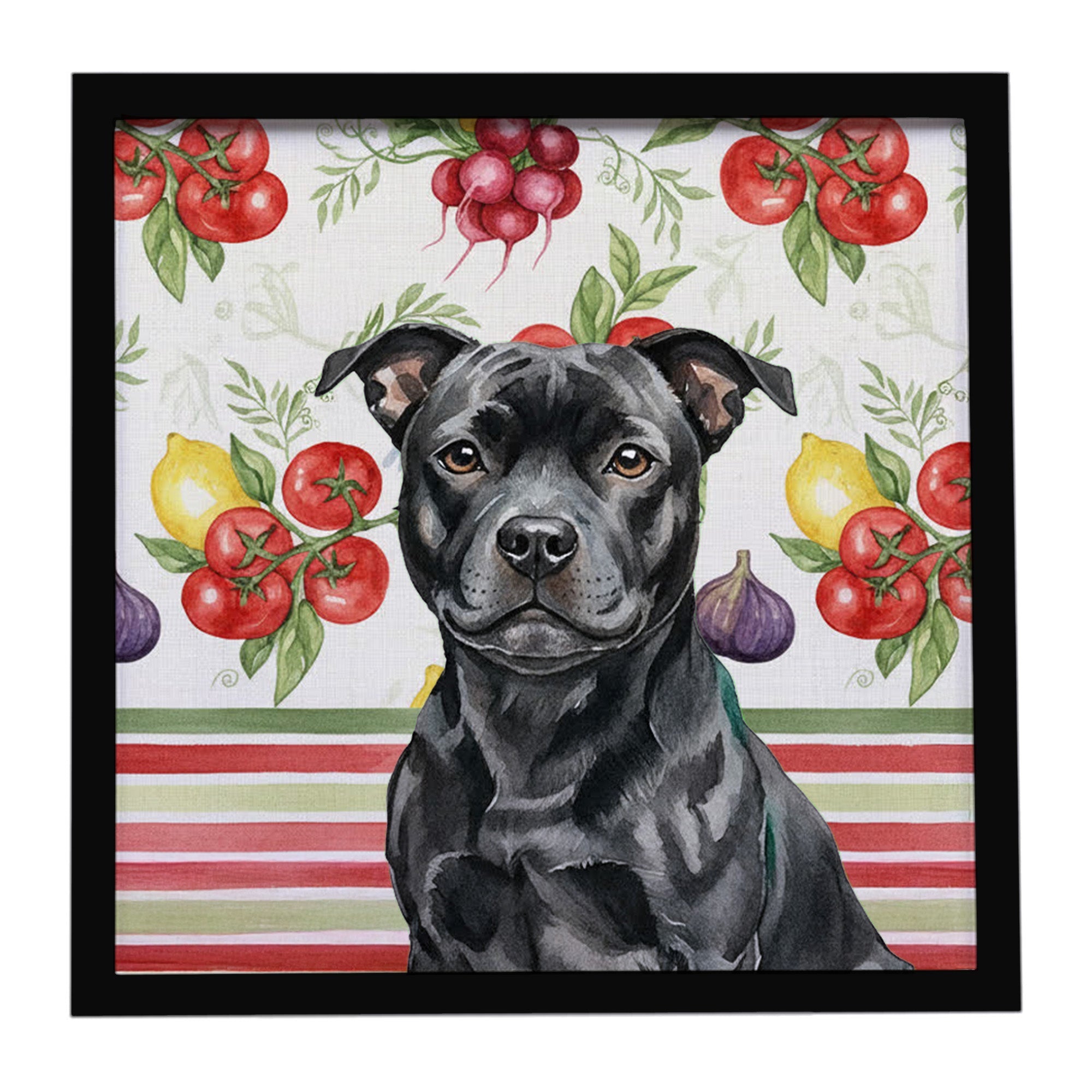Black Staffordshire Bull Terrier Vegetables Framed Metal Print Bathroom, Kitchen, Office, Home Decor Wall Art Ready to Hang, Square, 8X8