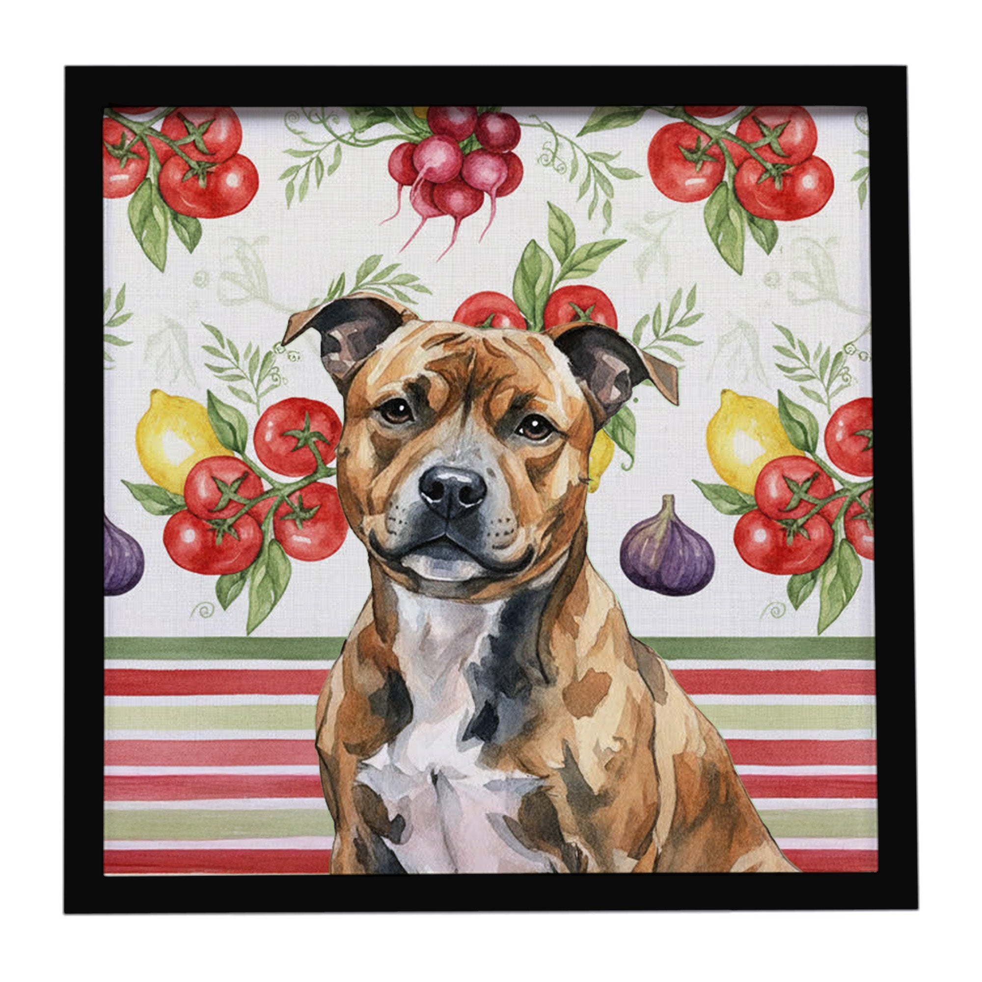 Brindle Staffordshire Bull Terrier Vegetables Framed Metal Print Bathroom, Kitchen, Office, Home Decor Wall Art Ready to Hang, Square, 8X8