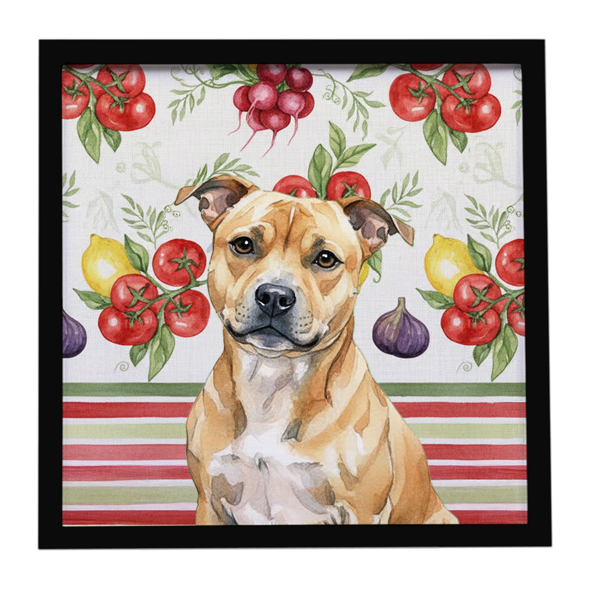 Fawn Staffordshire Bull Terrier Vegetables Framed Metal Print Bathroom, Kitchen, Office, Home Decor Wall Art Ready to Hang, Square, 8X8
