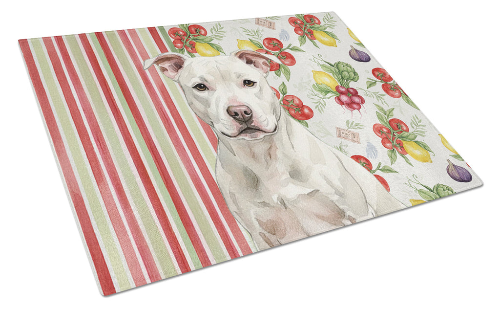 White Staffordshire Bull Terrier Vegetables Cutting Board Tempered Glass Kitchen Cutting Surface, Heat Resistant Chopping, Non-Slip Feet, Food Prep & Serving